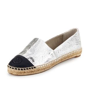 Tory Burch Metallic Colorblock Espadrille Flat, Silver/Tory Navy